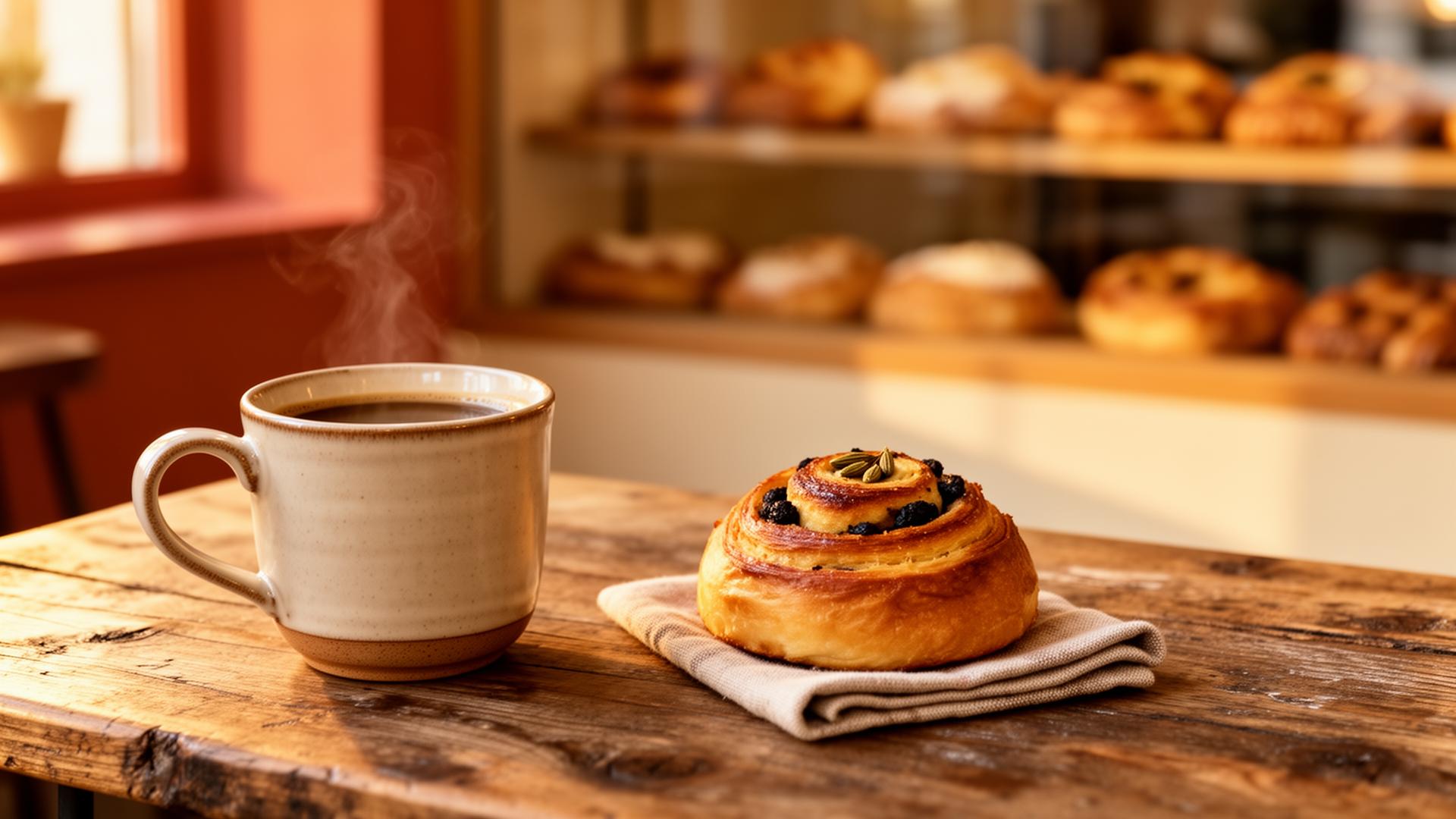 Ångande kopp kaffe och en nybakad kardemummabulle på ett varmt träbord i ett kafé med bageridisk i bakgrunden.